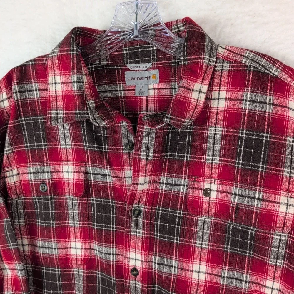 Carhartt‎ Hubbard Plaid Button Up Shirt Men's XL TALL Long Sleeve Red Brown